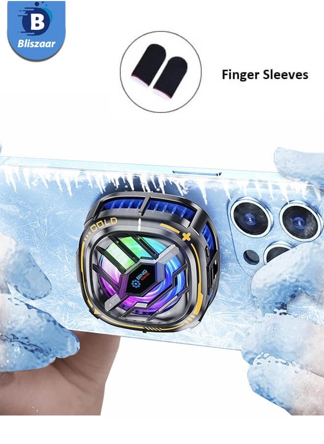 Bliszaar Magnetic Cell Phone Cooler, RGB Phone Cooling Fan with Finger Sleeves Portable Lightweight Mobile Phone Cooling Fan, Phone Radiator with Temperature Display for Mobile Gaming,Tiktok Live Streaming  - Image 1