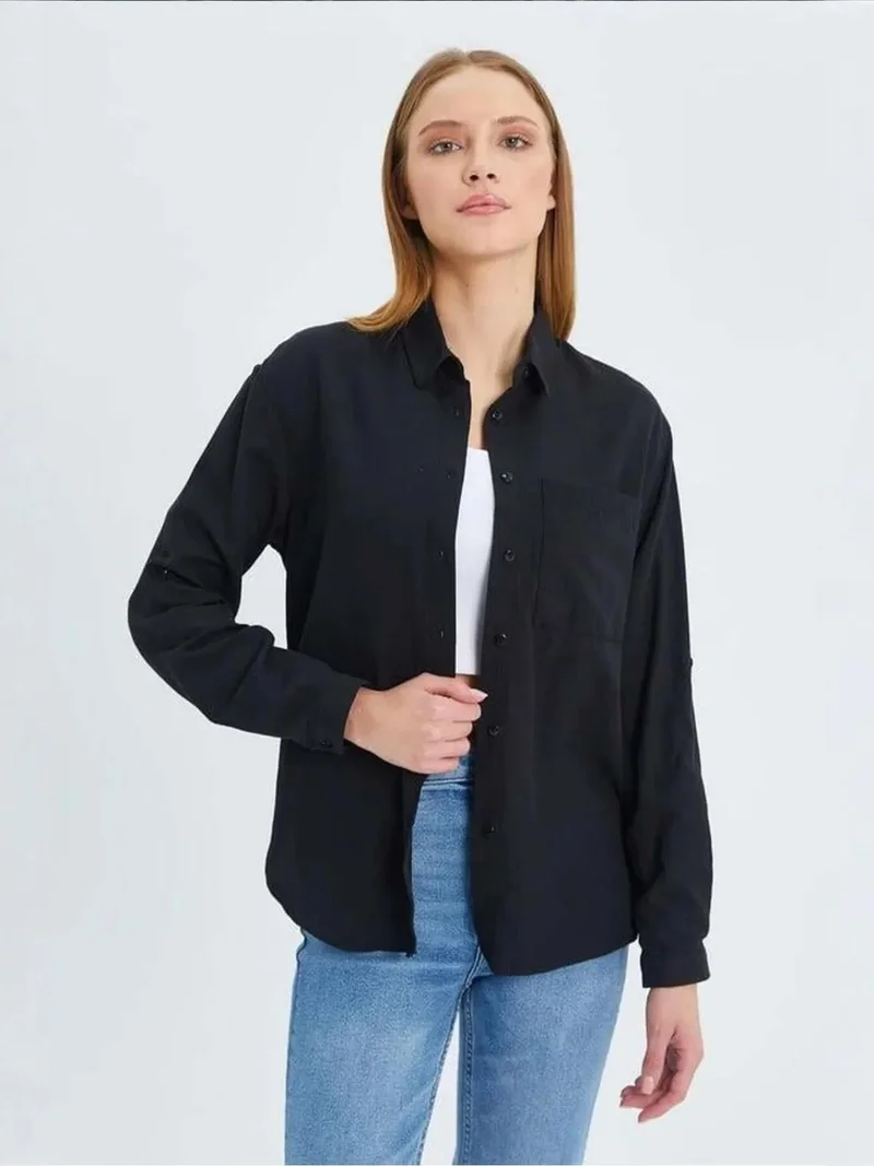 Mixray Black Mixray Long Sleeve Button-Up Shirt with Pocket for Women | Best Price UAE