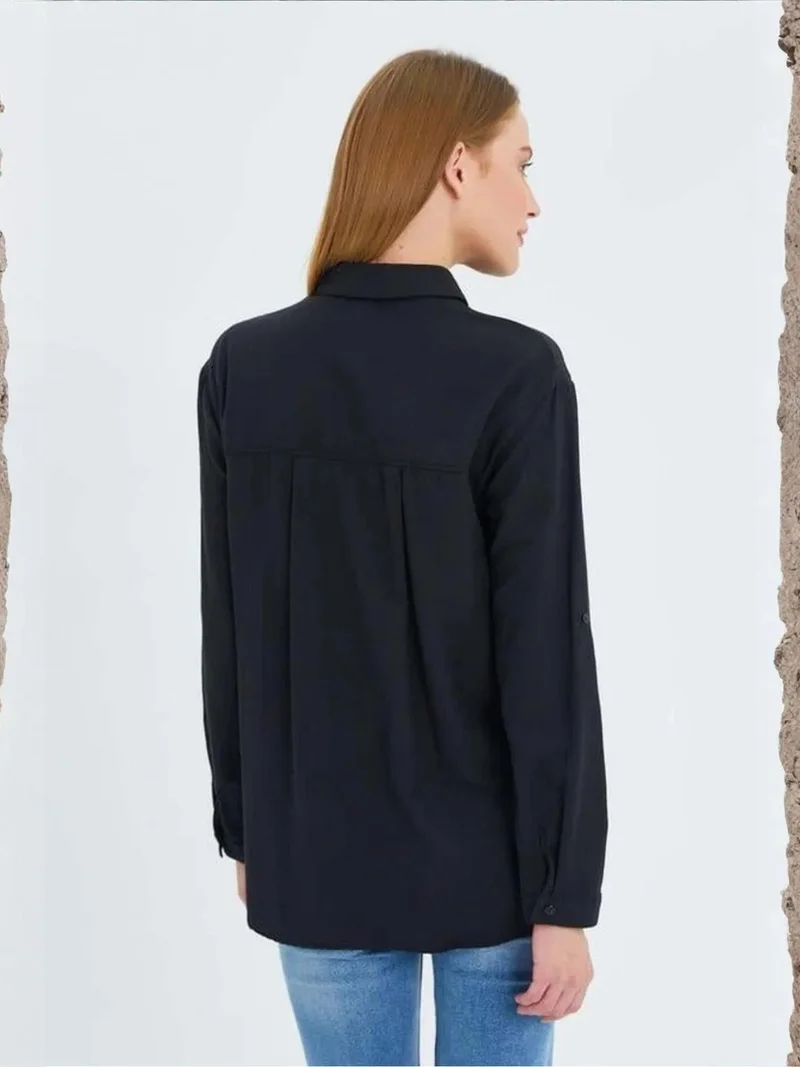 Mixray Black Mixray Long Sleeve Button-Up Shirt with Pocket for Women | Best Price UAE