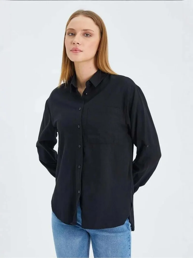 Mixray Black Mixray Long Sleeve Button-Up Shirt with Pocket for Women | Best Price UAE