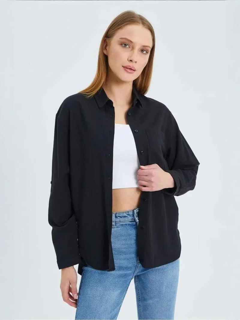 Mixray Black Mixray Long Sleeve Button-Up Shirt with Pocket for Women | Best Price UAE