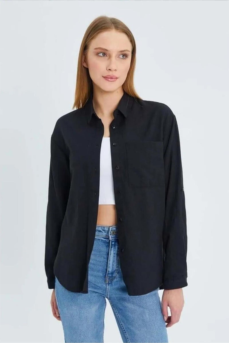 Mixray Long Sleeve Button-Up Shirt with Pocket - Image 1