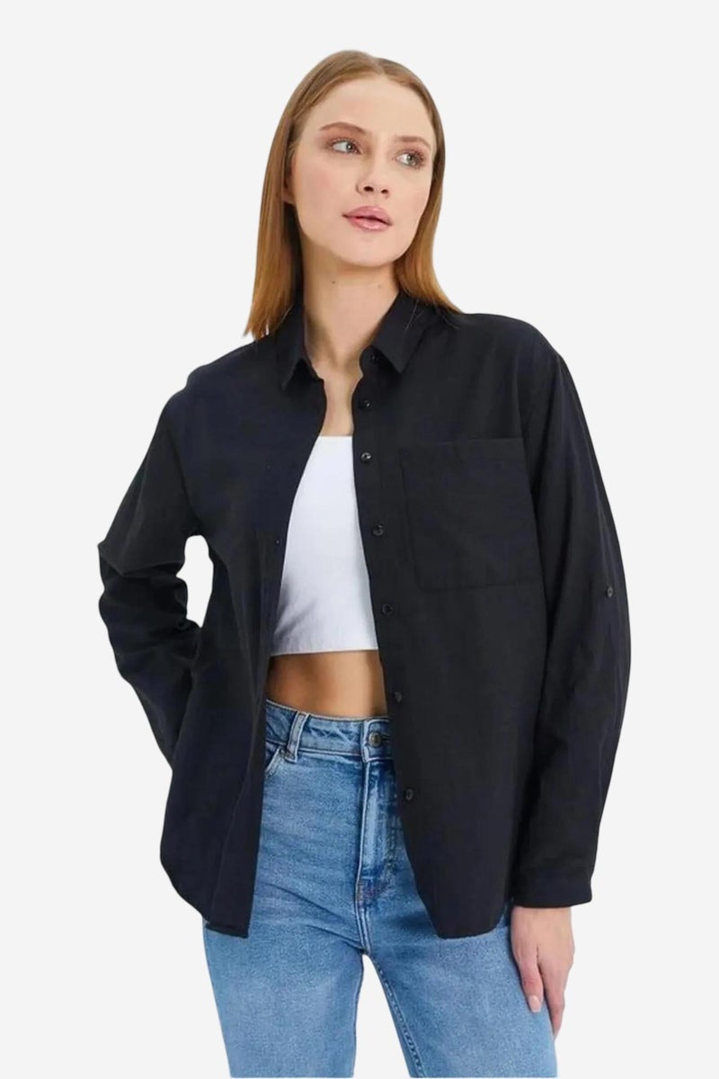 Mixray Long Sleeve Button-Up Shirt with Pocket - Image 3