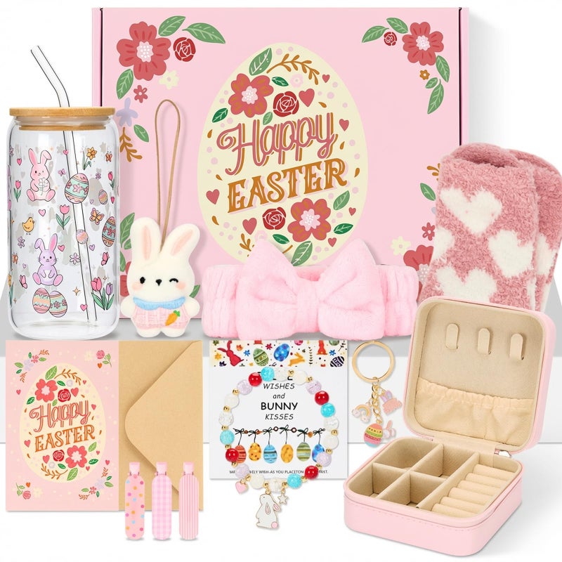 Bafeil Easter Gifts for Teens Girls Easter Basket Essentials Stuffers for Girls Women Bunny Gift Ideas Set of 9 for Teens Daughter Adults with Glass Cup Jewelry Box Bracelet Keychain - Image 2
