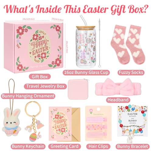 Bafeil Easter Gifts for Teens Girls Easter Basket Essentials Stuffers for Girls Women Bunny Gift Ideas Set of 9 for Teens Daughter Adults with Glass Cup Jewelry Box Bracelet Keychain - Image 3