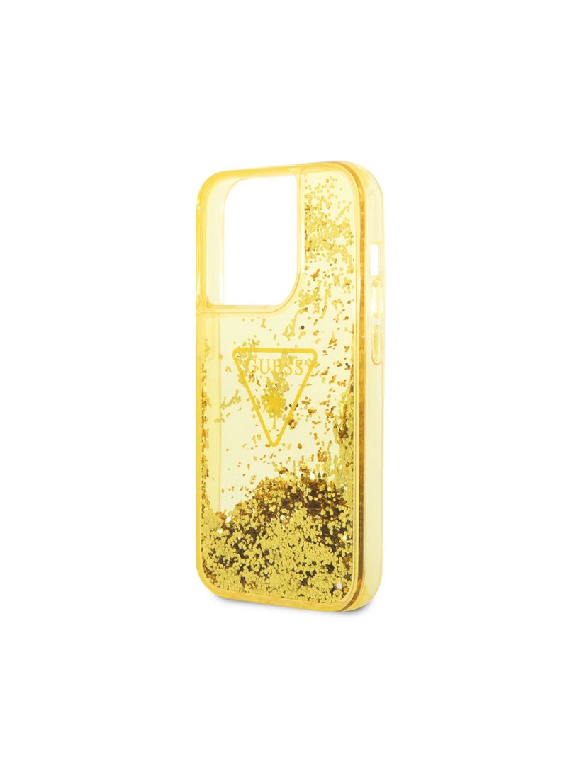 GUESS - Guess iPhone 14 Pro Liquid Glitter Case With Translucent Triangle Logo, Drop & Bumper Protection, Easy Snap-On and Slim Profile, Extra Shine - Yellow - Image 1