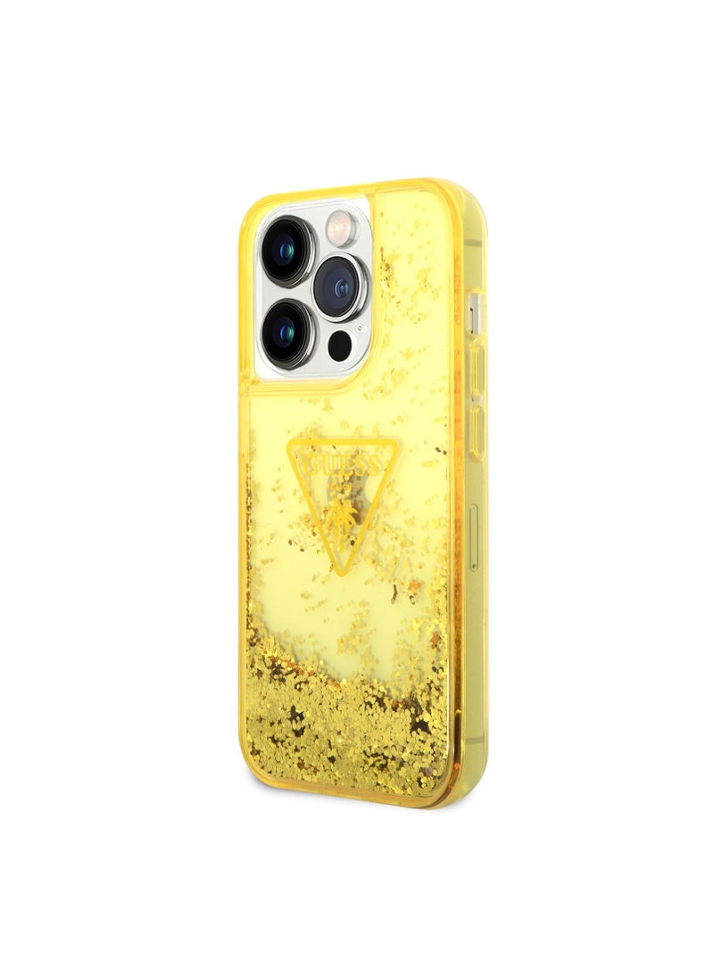 GUESS - Guess iPhone 14 Pro Liquid Glitter Case With Translucent Triangle Logo, Drop & Bumper Protection, Easy Snap-On and Slim Profile, Extra Shine - Yellow - Image 1