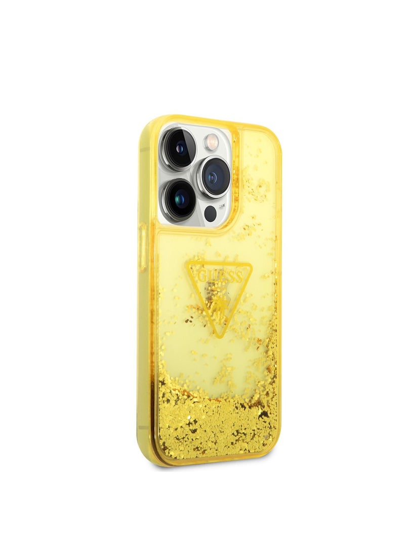 GUESS - Guess iPhone 14 Pro Liquid Glitter Case With Translucent Triangle Logo, Drop & Bumper Protection, Easy Snap-On and Slim Profile, Extra Shine - Yellow - Image 1