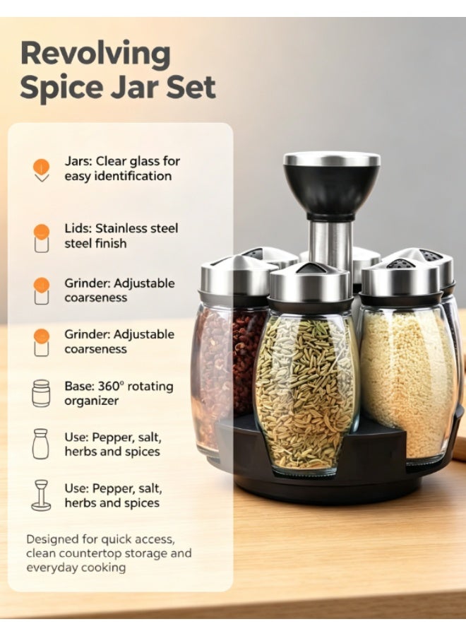 360° Rotating Spice Jar Set, Adjustable Coarseness Glass Spice Grinder Shakers with Stainless Steel Lids for Kitchen Countertop - Image 4