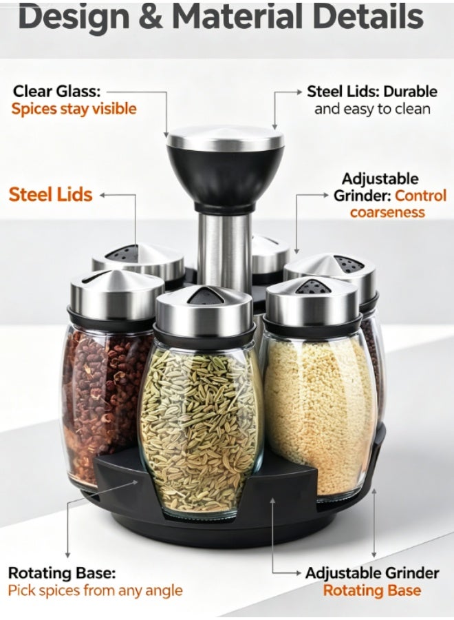 360° Rotating Spice Jar Set, Adjustable Coarseness Glass Spice Grinder Shakers with Stainless Steel Lids for Kitchen Countertop - Image 2
