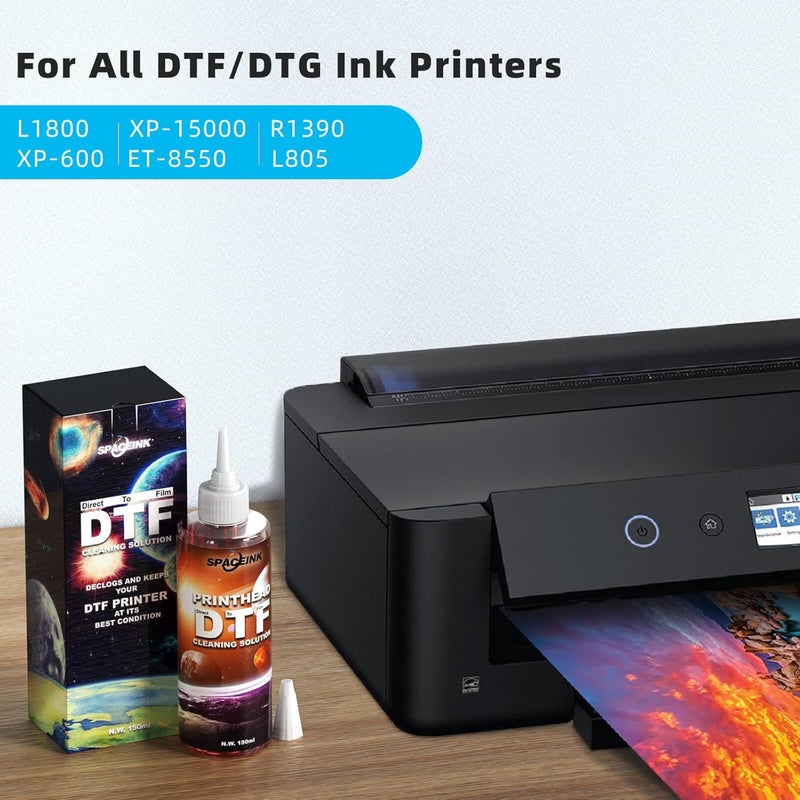 Spaceink DTF Cleaning Solution150mL for Epson L805 XP15000 L1800 8550 R1390 XP600 Ink Printer，Compatible DTG Printer Print Head T Shirt Transfer Paper Liquid Cleaner，Upgraded Solution - Image 2