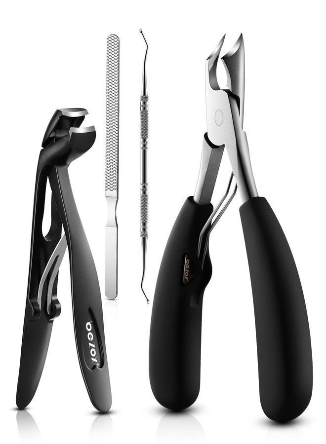 BEZOX Toenail Clipper Kit 4PCS Nail Care Set for Ingrown Toenails - Curved Head Toe Nail Clippers for Seniors for Thick Nails, Thick Fingernail Clippers, Long Nail File & Dual-Ended Lifter - Black - Image 1