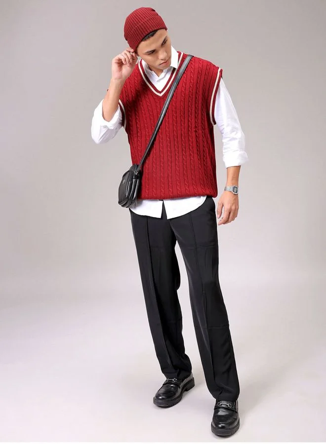 ذا انديان كراج كو Men Oversized Textured V-Neck Sweater