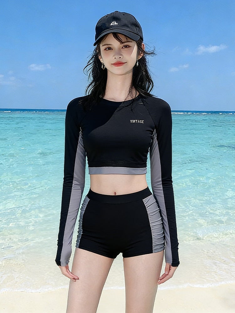 2026 New Style Swimsuit for Women, Student Sports Style, Slimming, Conservative, Two-Piece, Sexy, with Boxer Shorts, Long Sleeves, Sun Protection, Suitable for Hot Springs - Image 2