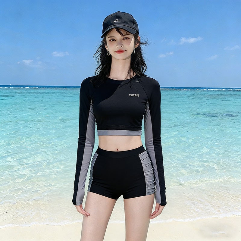 2026 New Style Swimsuit for Women, Student Sports Style, Slimming, Conservative, Two-Piece, Sexy, with Boxer Shorts, Long Sleeves, Sun Protection, Suitable for Hot Springs - Image 1