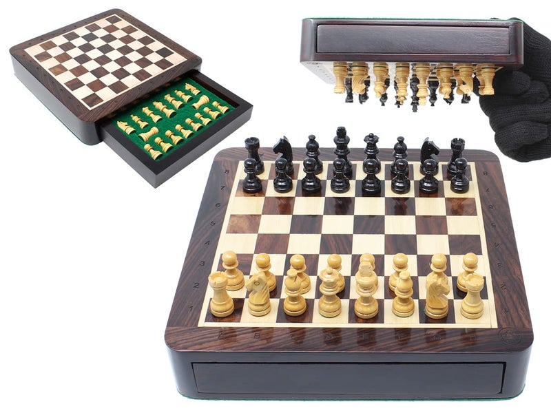 House of Chess 75 Inch Wooden Magnetic Travel Chess Set with Storage Drawer Algebraic Notation 2 Extra Queens Handmade - Image 3