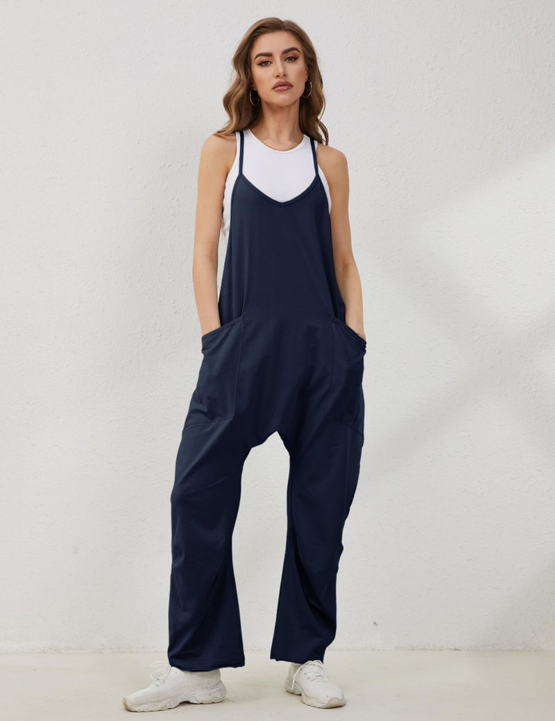 Lentta Women's Causal Jumpsuits V Neck Sleeveless Harem Overalls Stretchy Adjustable Strap Romper with Pockets(DarkBlue-L) - Image 3