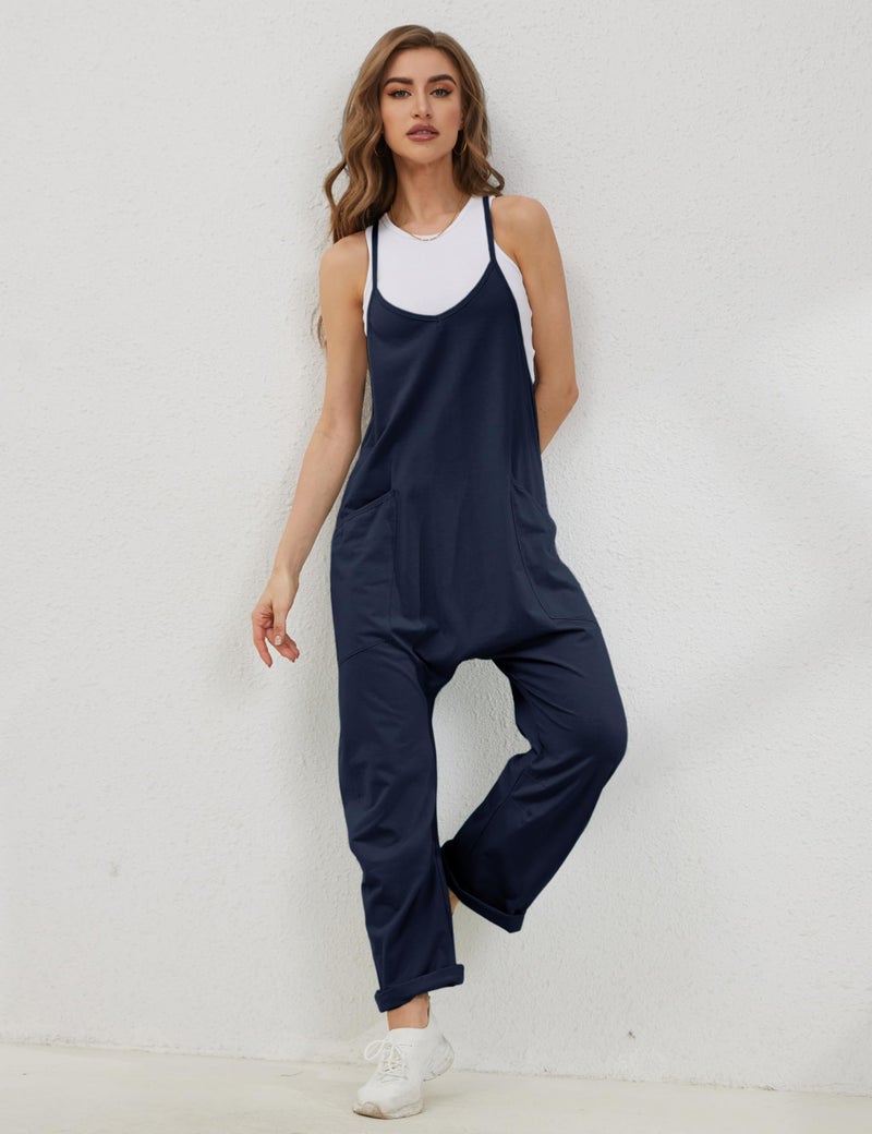 Lentta Women's Causal Jumpsuits V Neck Sleeveless Harem Overalls Stretchy Adjustable Strap Romper with Pockets(DarkBlue-L) - Image 2