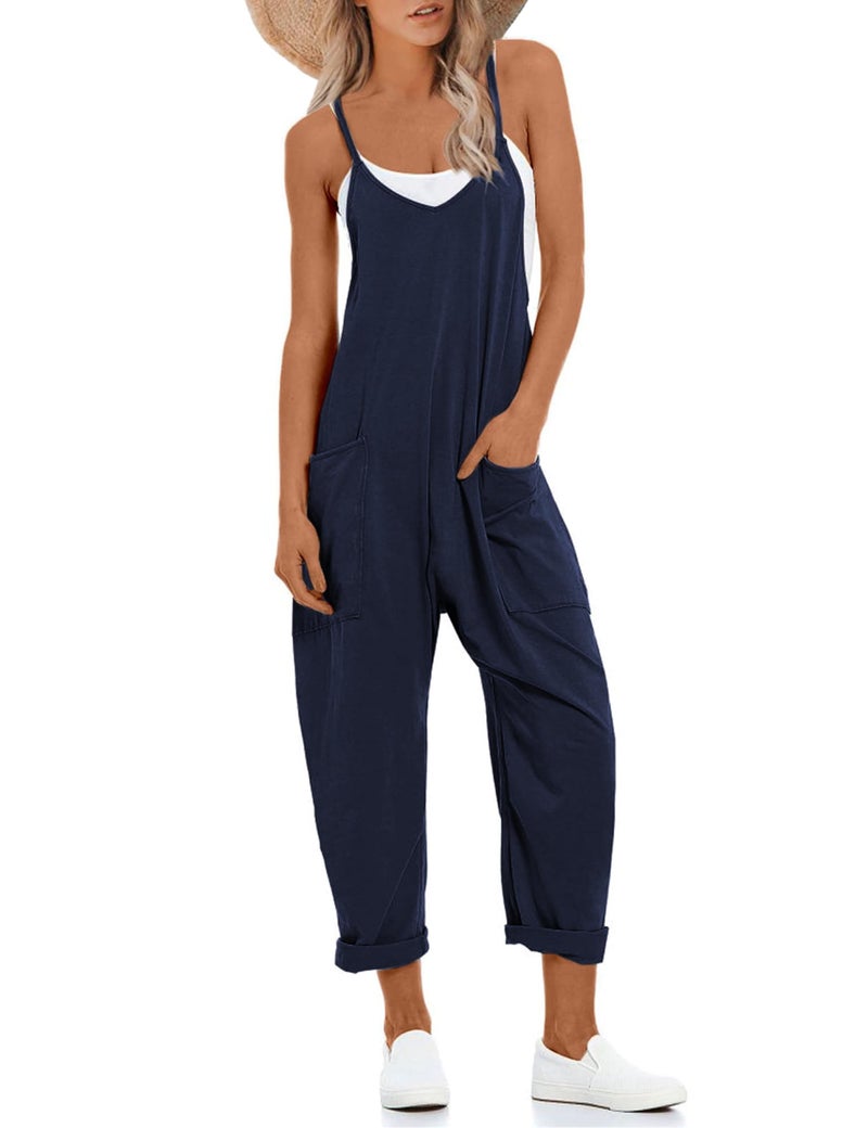 Lentta Women's Causal Jumpsuits V Neck Sleeveless Harem Overalls Stretchy Adjustable Strap Romper with Pockets(DarkBlue-L) - Image 1