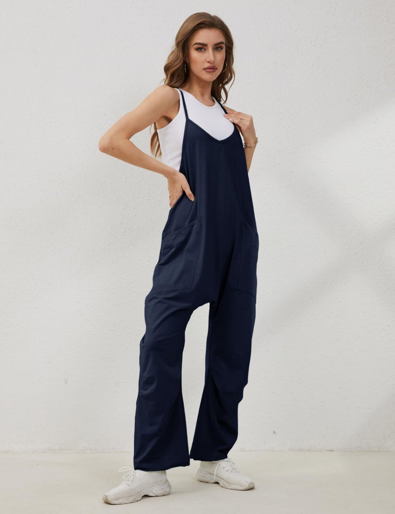 Lentta Women's Causal Jumpsuits V Neck Sleeveless Harem Overalls Stretchy Adjustable Strap Romper with Pockets(DarkBlue-L) - Image 5
