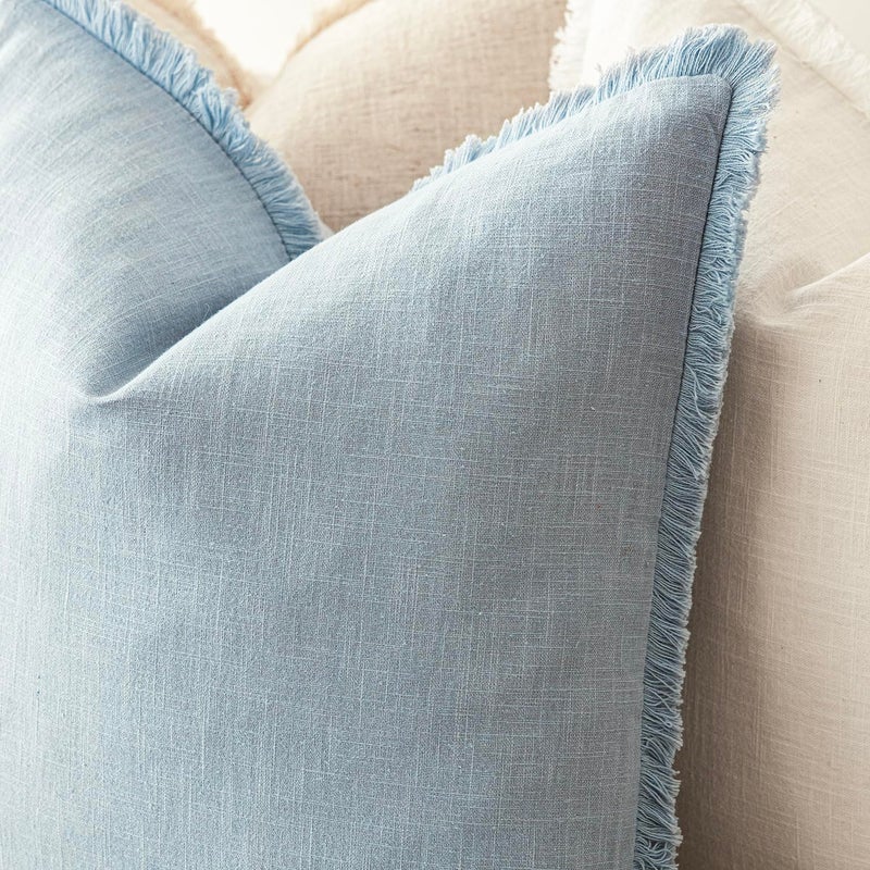 Foindtower Set of 2 Decorative Linen Fringe Throw Pillow Covers Boho Farmhouse Cushion Cover with Tassels Soft Accent Pillowcase for Couch Chair Sofa Bed Living Room Home Decor,18Ã—18 Inch,Sky Blue - Image 5
