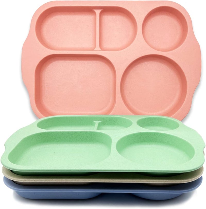KITLAB Unbreakable Divided Plates 4 Pack Wheat Straw Tray Large Fast Food Tray for Toddlers Adults Kids Children Lightweight Plates Dishwasher and Microwave Safe - Image 1