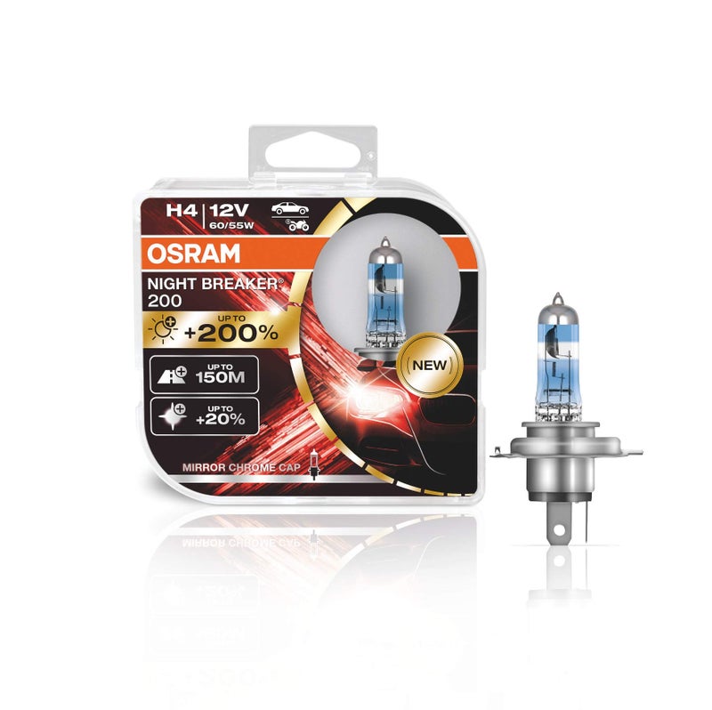 OSRAM NIGHT BREAKER® 200, H4, +200% more brightness, halogen headlight lamp, 64193NB200-HCB, Duo Box (2 lamps) - Image 1