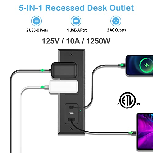 CCCEI Recessed Power Strip with Two USB-C Ports, Fast Charging USB A Port Desk Outlet, Black Furniture Hidden Charging Station for Side Table, End Table, with 6 FT 45 Degree Flat Plug Extension Cord. - Image 4