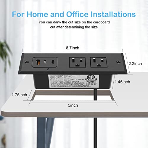 CCCEI Recessed Power Strip with Two USB-C Ports, Fast Charging USB A Port Desk Outlet, Black Furniture Hidden Charging Station for Side Table, End Table, with 6 FT 45 Degree Flat Plug Extension Cord. - Image 3