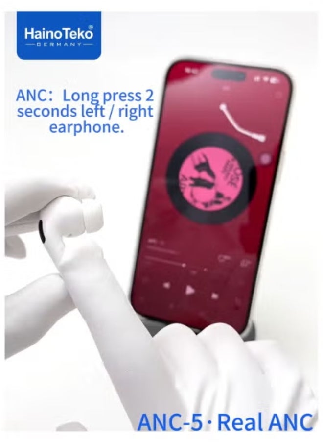 Haino Teko ANC-5 Bluetooth Earphones in White – Real Active Noise Cancellation, Deep Bass Stereo Sound & Smart Touch Control | HD Clear Microphone for Crisp Calls | Comfortable In-Ear Fit | Long Battery Life | Compatible with Android Phones & Tablets