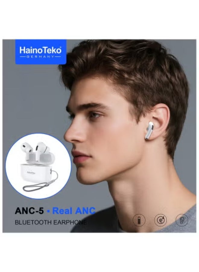 Haino Teko ANC-5 Bluetooth Earphones in White – Real Active Noise Cancellation, Deep Bass Stereo Sound & Smart Touch Control | HD Clear Microphone for Crisp Calls | Comfortable In-Ear Fit | Long Battery Life | Compatible with Android Phones & Tablets