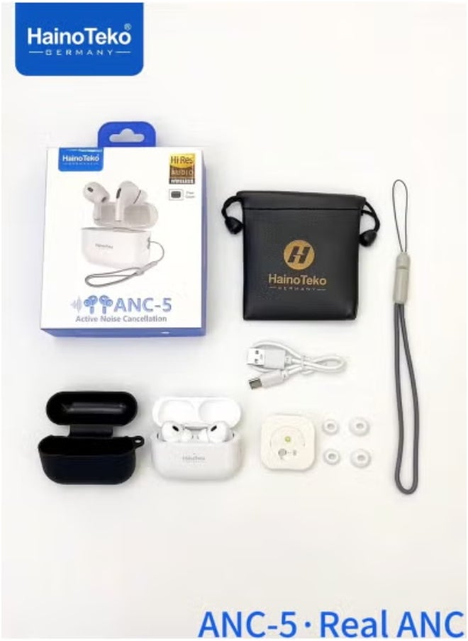 Haino Teko ANC-5 Bluetooth Earphones in White – Real Active Noise Cancellation, Deep Bass Stereo Sound & Smart Touch Control | HD Clear Microphone for Crisp Calls | Comfortable In-Ear Fit | Long Battery Life | Compatible with Android Phones & Tablets