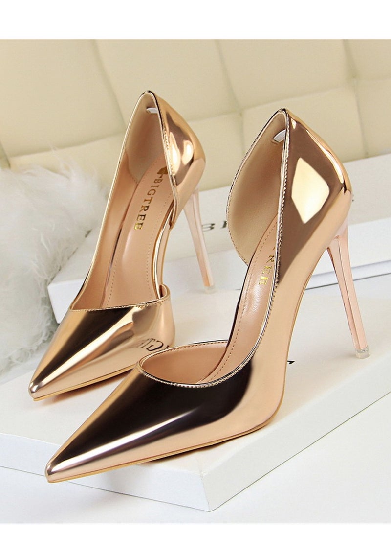 BIGTREE حذاء بكعب معدني أنيق مقاس 10.5 سم مع كعب عالٍ ومضخات مدببة باللون الذهبي - Image 1