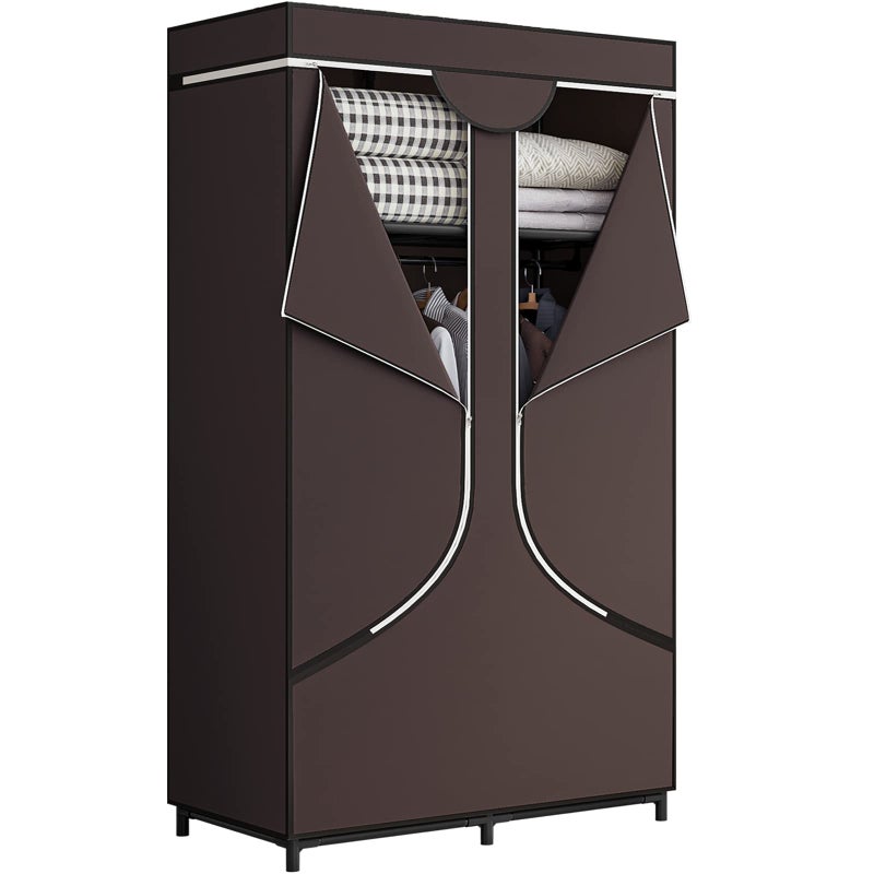 SORCEDAS Portable Wardrobe Closet Storage Organizer Metal Hanging Rack Non-Woven Fabric 34 Inch Coffee (34 Inch, Coffee) - Image 1