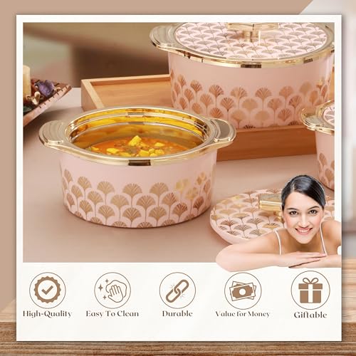 Trueware Floraa Fine Inner Steel Mirror Casserole Set of 3, 750,1000 & 1500 ml Pink | PU Insulated | BPA Free | Odour Proof | Food Grade | Ideal for Chapatti | Roti | Curd Maker | Thermoware | Hot Pot - Image 2