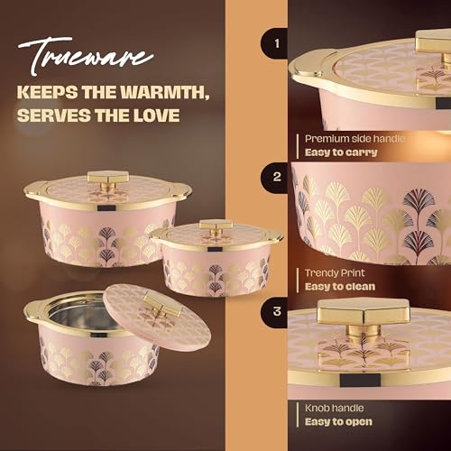 Trueware Floraa Fine Inner Steel Mirror Casserole Set of 3, 750,1000 & 1500 ml Pink | PU Insulated | BPA Free | Odour Proof | Food Grade | Ideal for Chapatti | Roti | Curd Maker | Thermoware | Hot Pot - Image 4