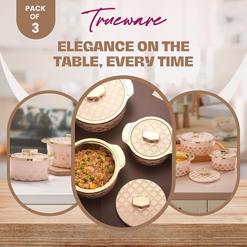 Trueware Floraa Fine Inner Steel Mirror Casserole Set of 3, 750,1000 & 1500 ml Pink | PU Insulated | BPA Free | Odour Proof | Food Grade | Ideal for Chapatti | Roti | Curd Maker | Thermoware | Hot Pot - Image 5