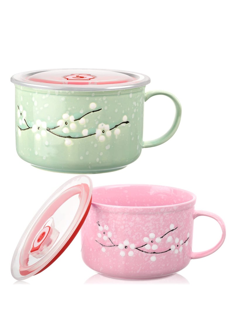 SYOSI Floral Ceramic Bowl with Lid and Handle 2 PCS Soup Bowls Heat Preservation Instant Noodles Mug Soup Cup Fine Porcelain Sakura Bowl  - Image 1