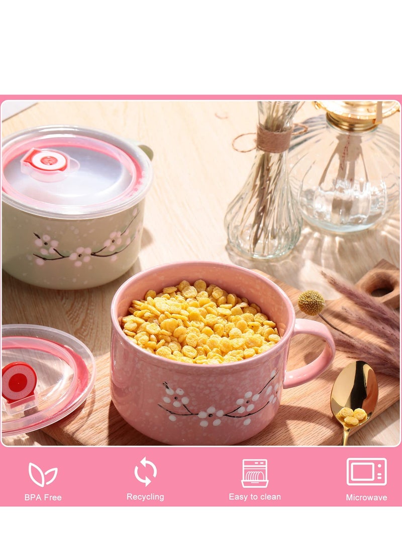 SYOSI Floral Ceramic Bowl with Lid and Handle 2 PCS Soup Bowls Heat Preservation Instant Noodles Mug Soup Cup Fine Porcelain Sakura Bowl  - Image 4