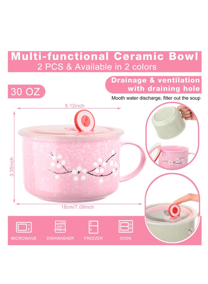 SYOSI Floral Ceramic Bowl with Lid and Handle 2 PCS Soup Bowls Heat Preservation Instant Noodles Mug Soup Cup Fine Porcelain Sakura Bowl  - Image 2