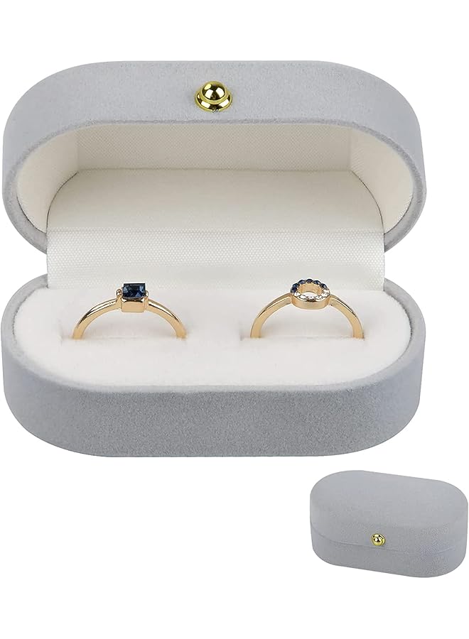 The Bros Velvet Ring Box for Jewelry Gift, Wedding Oval Bearer Vintage Holder Classic Storage Gift Anniversary Engagement Ceremony Birthday, Light Grey Valentines Day Holding 2 Rings  - Image 1