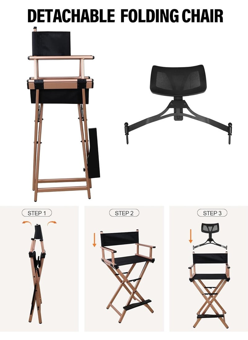 Meishida - Foldable Director Chair, Lightweight Aluminum Portable Makeup Artist Chair, for Bedroom, Studio, Salon and Outdoor Activities With headrest (Rose Gold) - Image 1
