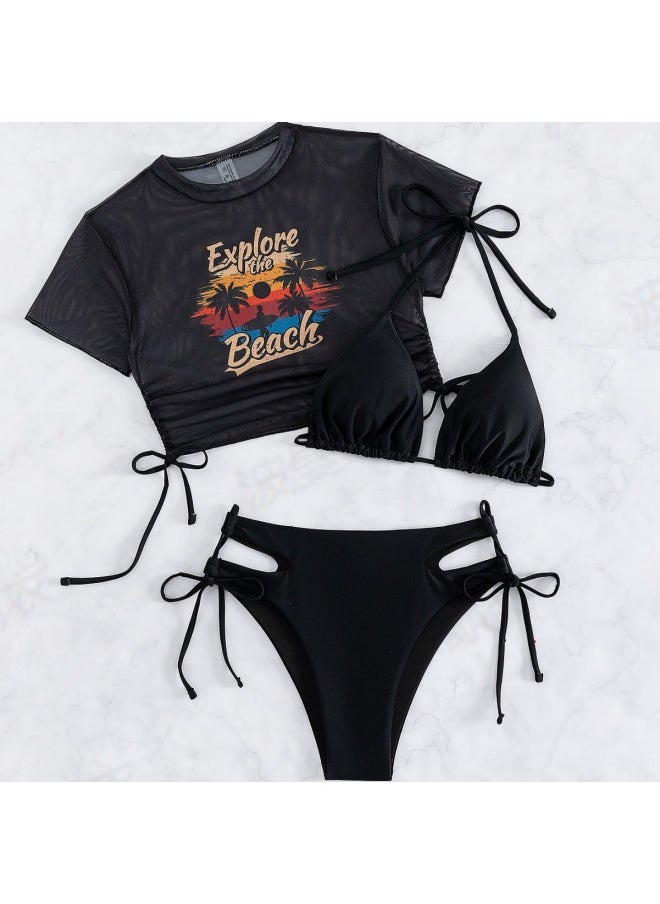 European And American Style Solid Color Fixed Edition Printed Split Bikini Swimsuit Three-piece Swimsuit-Color:Black-Size:M