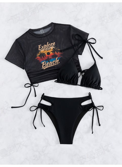 European And American Style Solid Color Fixed Edition Printed Split Bikini Swimsuit Three-piece Swimsuit-Color:Black-Size:M