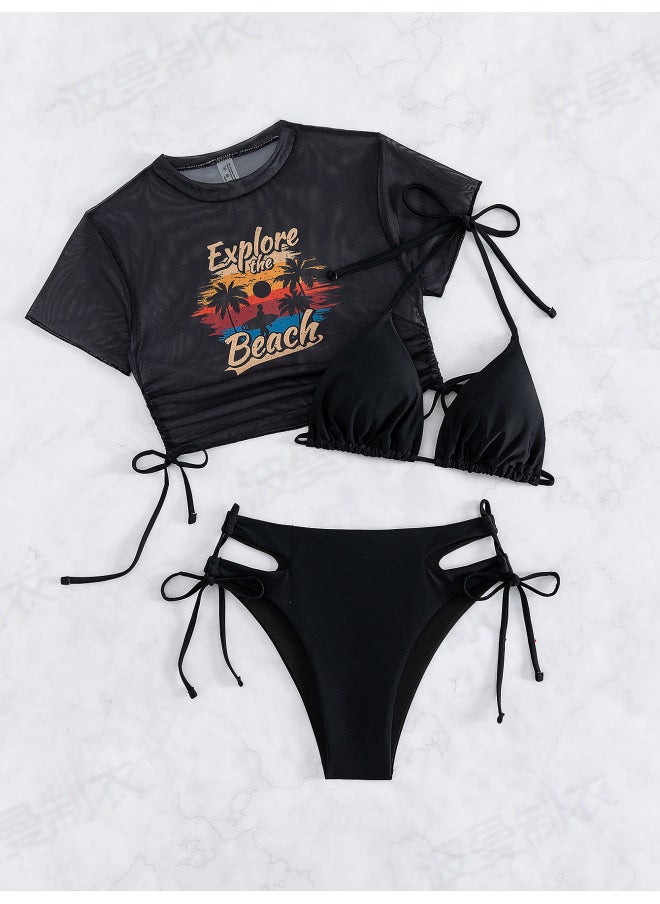 European And American Style Solid Color Fixed Edition Printed Split Bikini Swimsuit Three-piece Swimsuit-Color:Black-Size:M