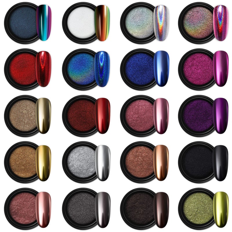 Artdone 20 Jars Chrome Nail Powder Set Metallic Mirror Effect Holographic Aurora Chameleon Pigment 1gJar for Nail Art Glitters Gel Polish Supply Mermaid Unicorn Kit