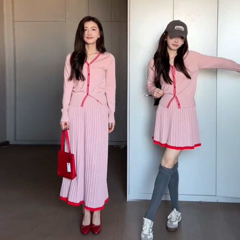 2024 Autumn Elegant Chanel Style Contrast Color V-neck Knitted Cardigan Pleated Skirt Fashion Two-piece Suit Women Single long skirt