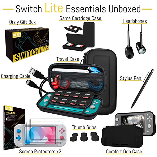 Orzly Switch Lite Accessories Bundle - Case & Screen Protector for Nintendo Switch Lite Console, USB Cable, Games Holder, Comfort Grip Case, Headphones, Thumb-Grip Pack & More (Orzly Gift Pack) - Image 3