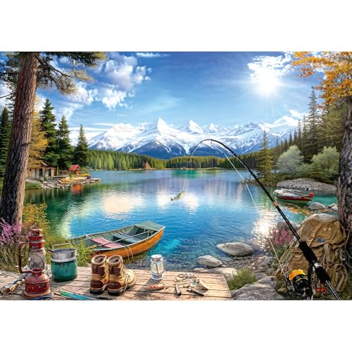 MINIWAN Lake Mountain Fishing Camp 300 Piece Puzzle for Adults Fun Puzzles for Adults 300 Pieces with HD Print Poster 17x11 Dust Free for Gifts Halloween Christmas Family Games Lovers - Image 1