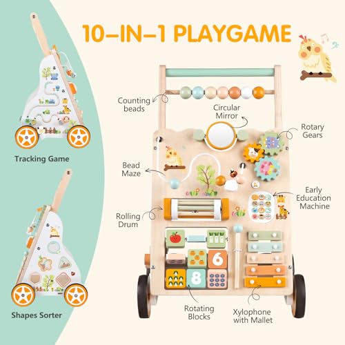 Weilim Wooden Baby Walker with Wheels Push Walker with Baby Activity Center Montessori Walking Toy for Girls Boys Ajustable Speed Height Activity Toy for Toddler Learning to Walk Natural - Image 5